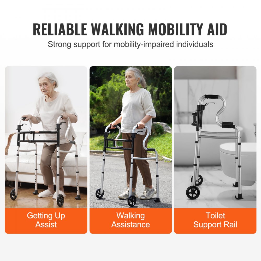 VEVOR Folding Walker on Wheels, 3-in-1 Stand-Assist Folding Walkers with Adjustable Height and Width, Lightweight Aluminum | Front Wheeled Mobility Aid for Elderly Handicapped Disabled, Up to 350LBS