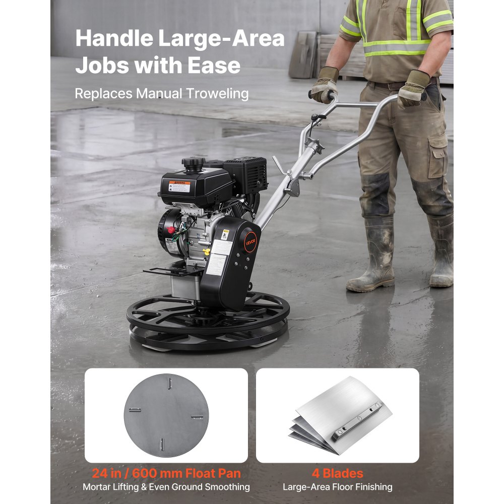 VEVOR Power Trowel betontroffel met Ø 610 mm troffelplaat en Ø 580 mm bladen, Kohler 7 pk 4-takt benzinemotor, 0-18° instelbare bladhoek, 60-125 tpm bladsnelheid, troffel voor het egaliseren van vloeren.