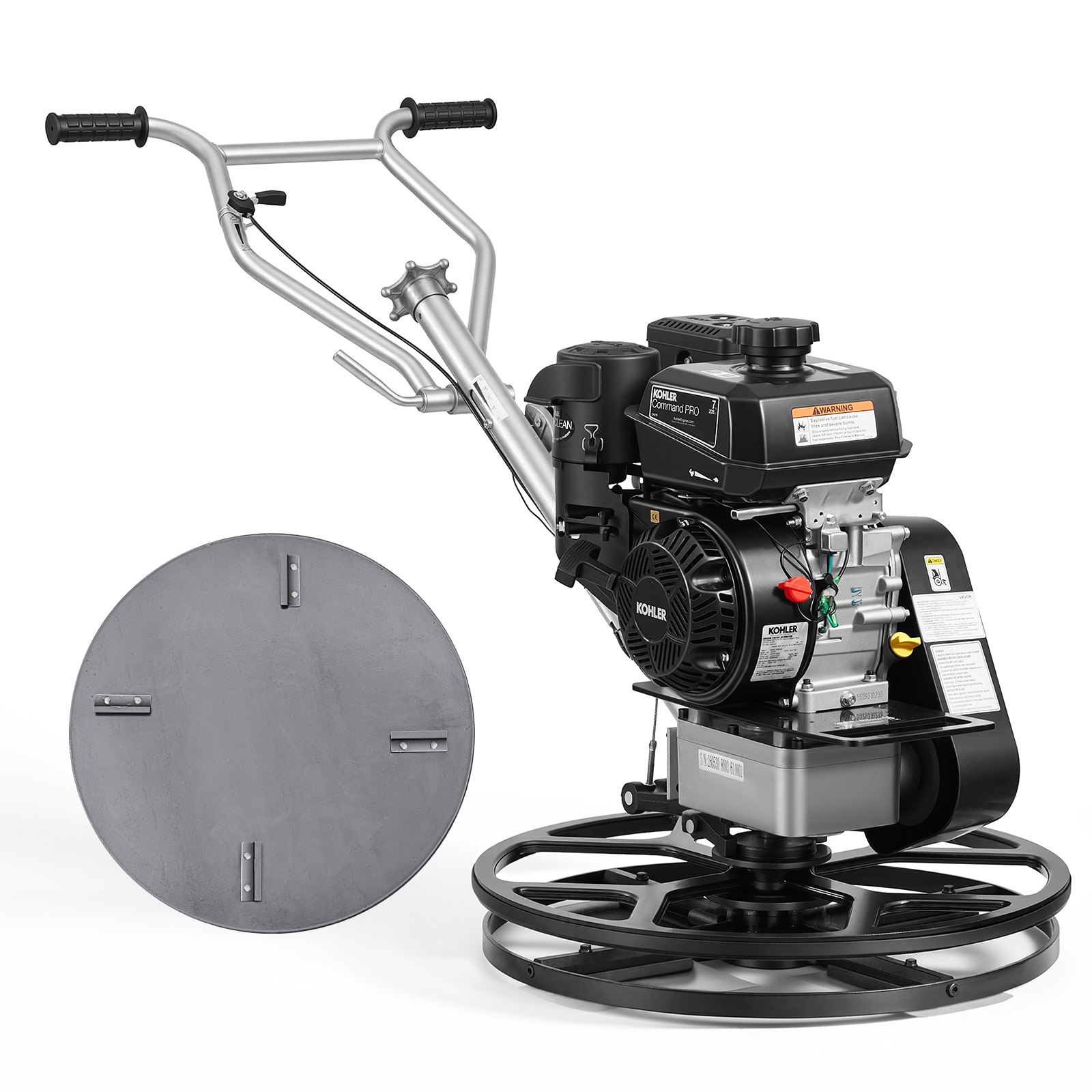 VEVOR Power Trowel betontroffel met Ø 610 mm troffelplaat en Ø 580 mm bladen, Kohler 7 pk 4-takt benzinemotor, 0-18° instelbare bladhoek, 60-125 tpm bladsnelheid, troffel voor het egaliseren van vloeren.