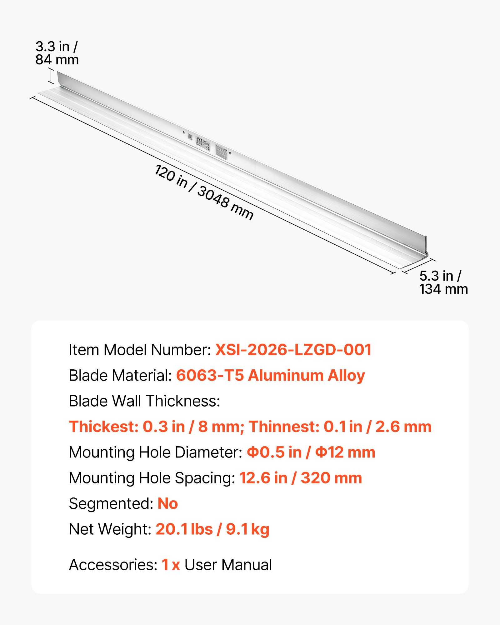 VEVOR 3048mm afstrijkspatel van aluminiumlegering, betonafstrijker, 134mm breed voor een groot oppervlak, vervangingsonderdeel voor betonvibratoren, nivelleergereedschap voor het afstrijken en egaliseren in de wegenbouw en vloernivellering.