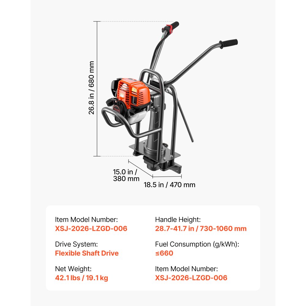 VEVOR betonvibrator, elektrische betonverdeler, vibratie-nivelleringsmachine, benzine-aangedreven, 1,16 pk 4-taktmotor, in hoogte verstelbare handgreep en steunpaal, machine voor het afwerken van nat cement voor het egaliseren van vloeren.