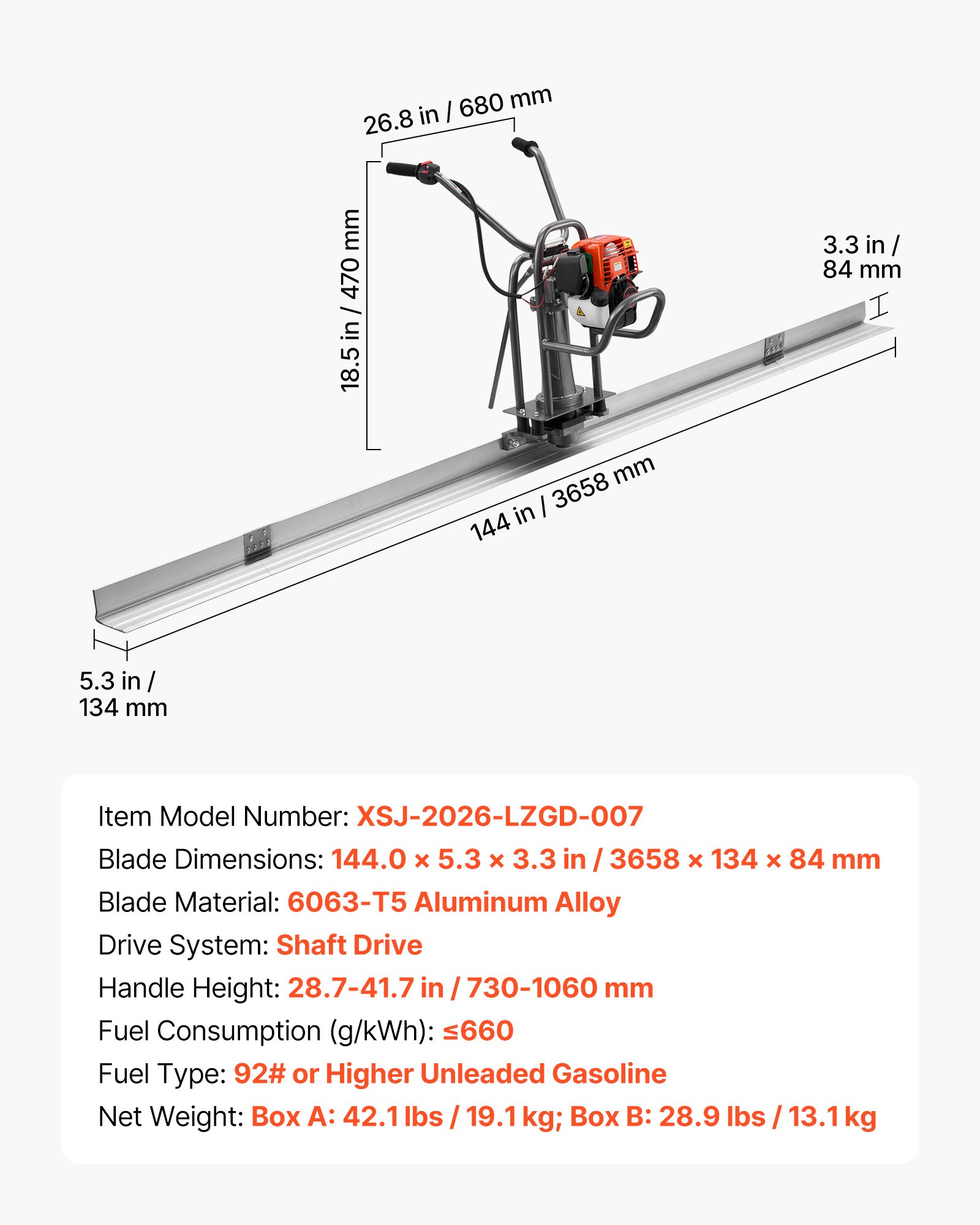 VEVOR betonvibrator met 3658 mm aluminium egaliseerblad, elektrische betonverdeler, benzinemotor van 1,16 pk, 4-taktmotor, in hoogte verstelbare handgreep en steunpaal, trilmachine voor het egaliseren van vloeren.