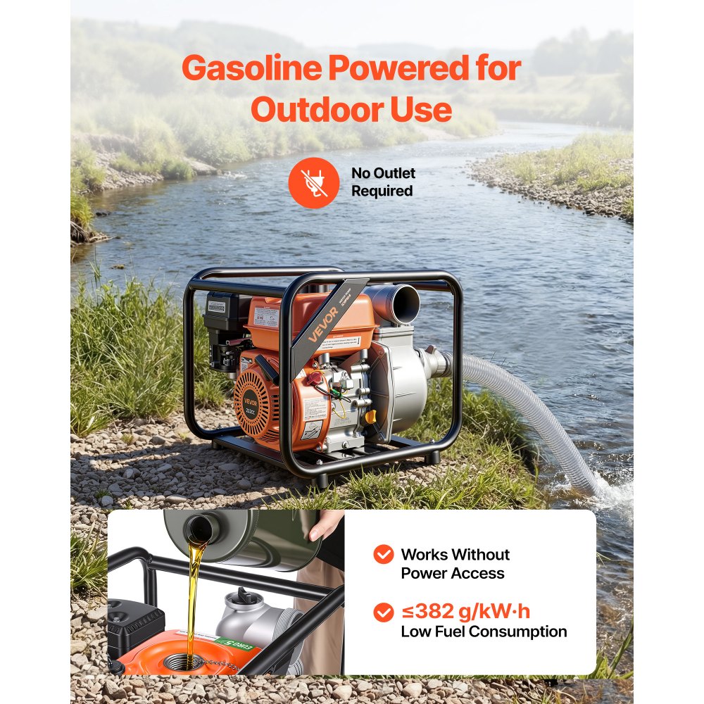 VEVOR benzine waterpomp met een opvoerhoogte van 43 m, vuilwaterpomp van 7 pk, draagbare motorpomp, benzinemotor met een afvoerslang van 762 cm, gietijzeren waaier, tuinpomp voor irrigatie, vijvers en zwembaden.