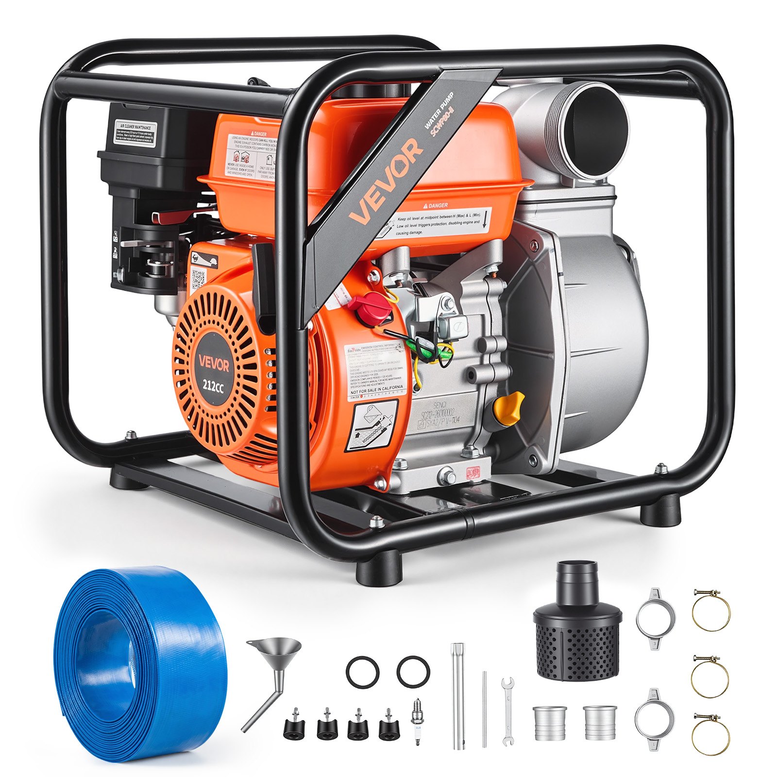 VEVOR benzine waterpomp met een opvoerhoogte van 43 m, vuilwaterpomp van 7 pk, draagbare motorpomp, benzinemotor met een afvoerslang van 762 cm, gietijzeren waaier, tuinpomp voor irrigatie, vijvers en zwembaden.