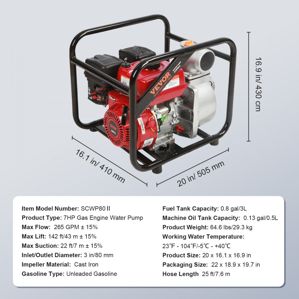 VEVOR Benzinemotor Waterpomp ca. 8 cm, 7 pk, 265 GPM, ca. 43 m opvoerhoogte, 7 m zuigkracht, 4-takt benzine-aangedreven vuilwaterpomp, draagbare hogedruk met slang voor irrigatiezwembad, EPA-gecertificeerd
