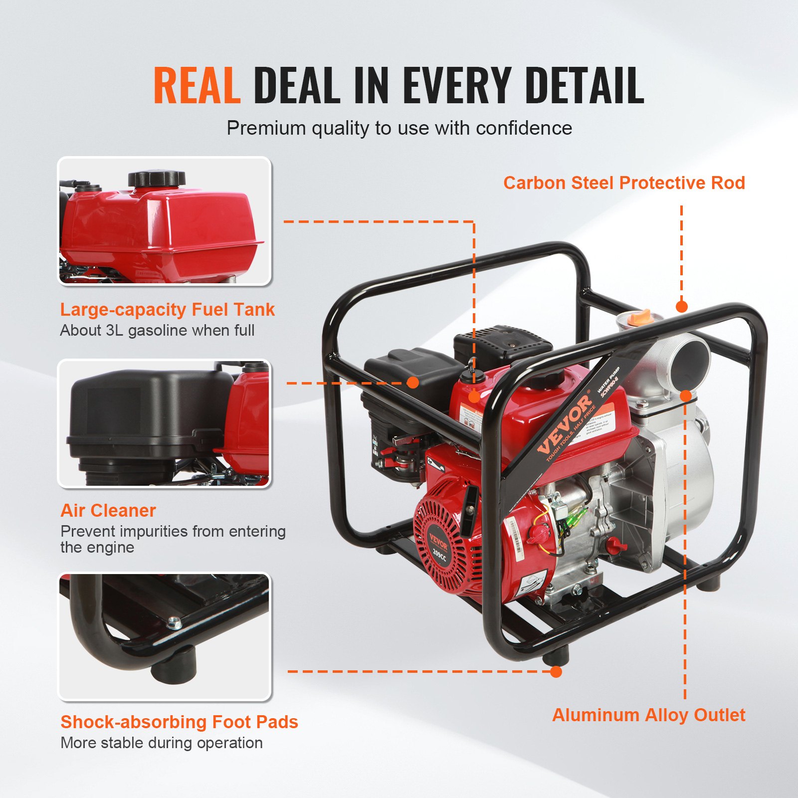 VEVOR Benzinemotor Waterpomp ca. 8 cm, 7 pk, 265 GPM, ca. 43 m opvoerhoogte, 7 m zuigkracht, 4-takt benzine-aangedreven vuilwaterpomp, draagbare hogedruk met slang voor irrigatiezwembad, EPA-gecertificeerd
