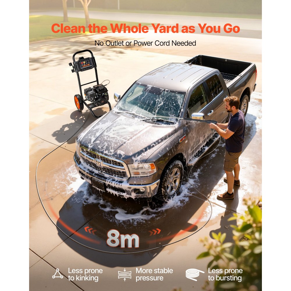 VEVOR benzine hogedrukreiniger, 200 bar, staande terrasreiniger, aluminium pomp met spuitlans, 4 sproeiers, reinigingsmachine voor auto's, hekken, opritten, huizen, terrassen en tuinmeubilair
