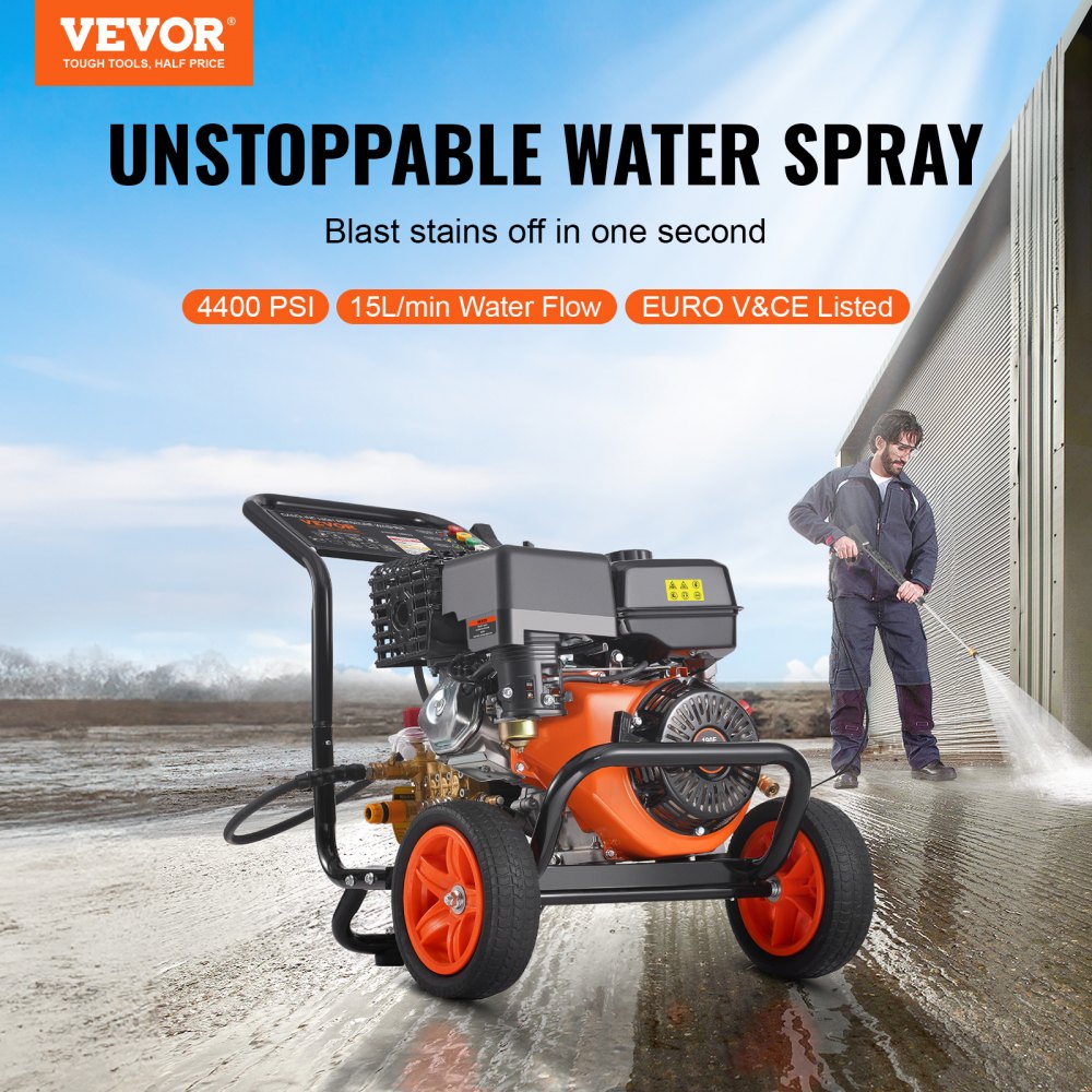 VEVOR benzine hogedrukreiniger, 4400 PSI 15 l/min, terrasreiniger met koperen pomp, hogedrukpistool en verlengstuk, 5-delige sproeierset, voor auto's, schuttingen, huizen, opritten, terrassen en meubels.