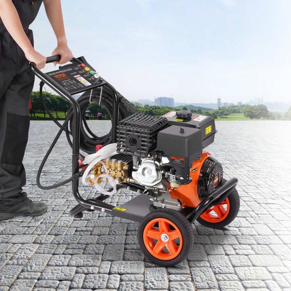 VEVOR benzine hogedrukreiniger, 4400 PSI 15 l/min, terrasreiniger met koperen pomp, hogedrukpistool en verlengstuk, 5-delige sproeierset, voor auto's, schuttingen, huizen, opritten, terrassen en meubels.