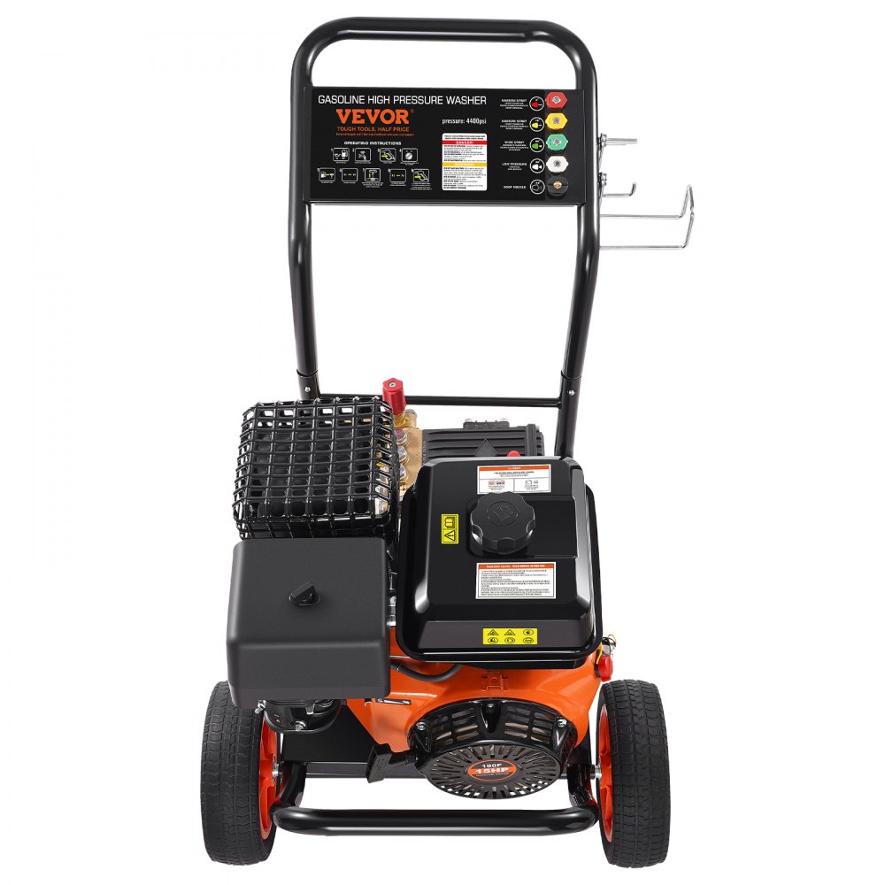 VEVOR benzine hogedrukreiniger, 4400 PSI 15 l/min, terrasreiniger met koperen pomp, hogedrukpistool en verlengstuk, 5-delige sproeierset, voor auto's, schuttingen, huizen, opritten, terrassen en meubels.