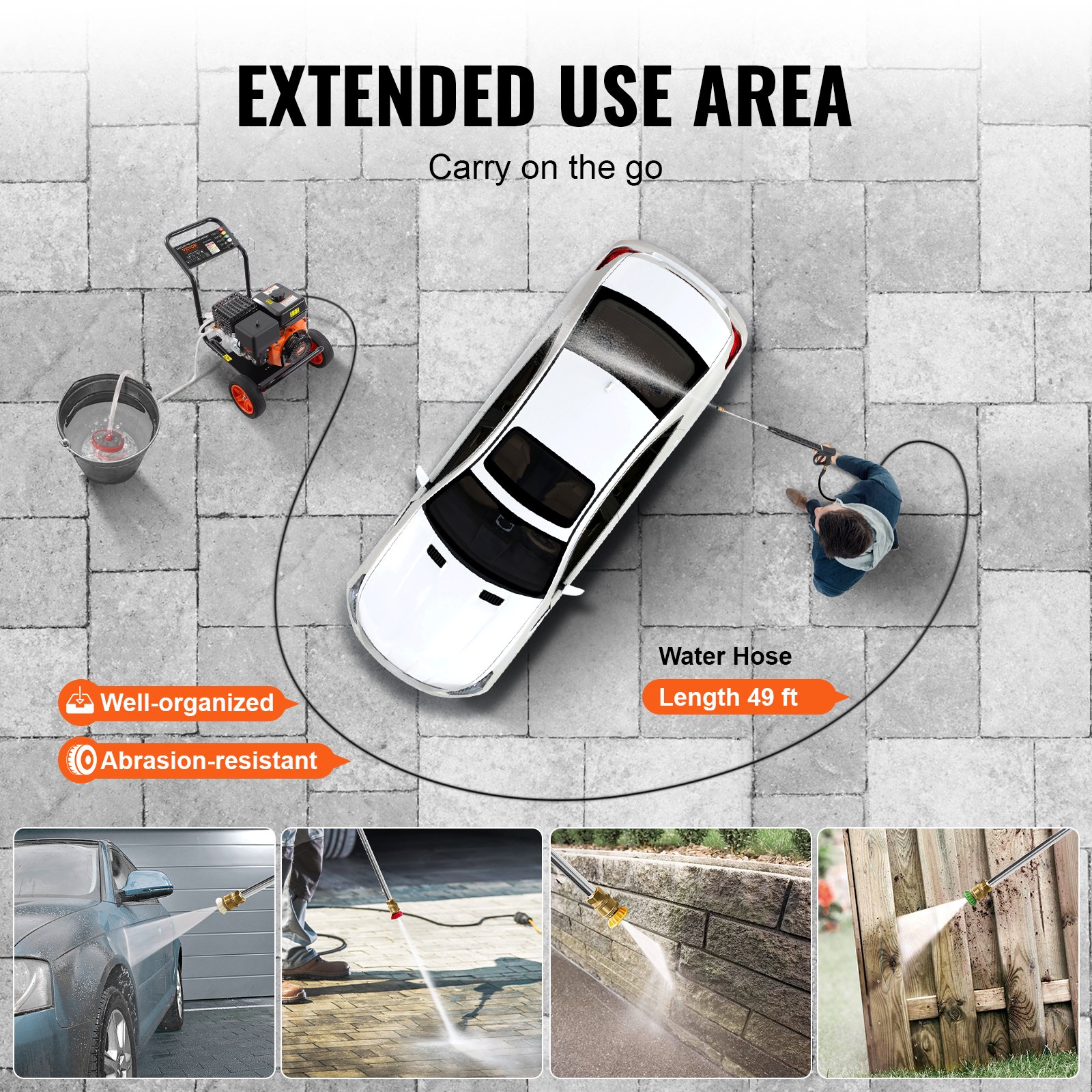 VEVOR benzine hogedrukreiniger, 4400 PSI 15 l/min, terrasreiniger met koperen pomp, hogedrukpistool en verlengstuk, 5-delige sproeierset, voor auto's, schuttingen, huizen, opritten, terrassen en meubels.