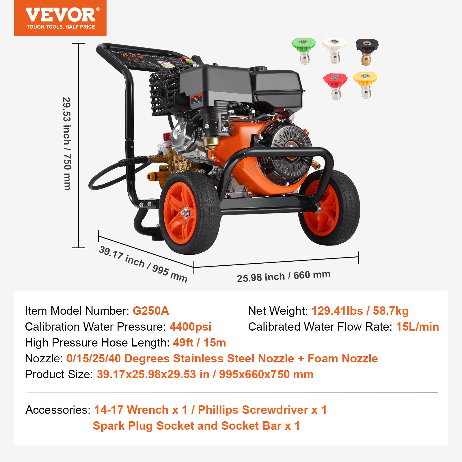 VEVOR benzine hogedrukreiniger, 4400 PSI 15 l/min, terrasreiniger met koperen pomp, hogedrukpistool en verlengstuk, 5-delige sproeierset, voor auto's, schuttingen, huizen, opritten, terrassen en meubels.