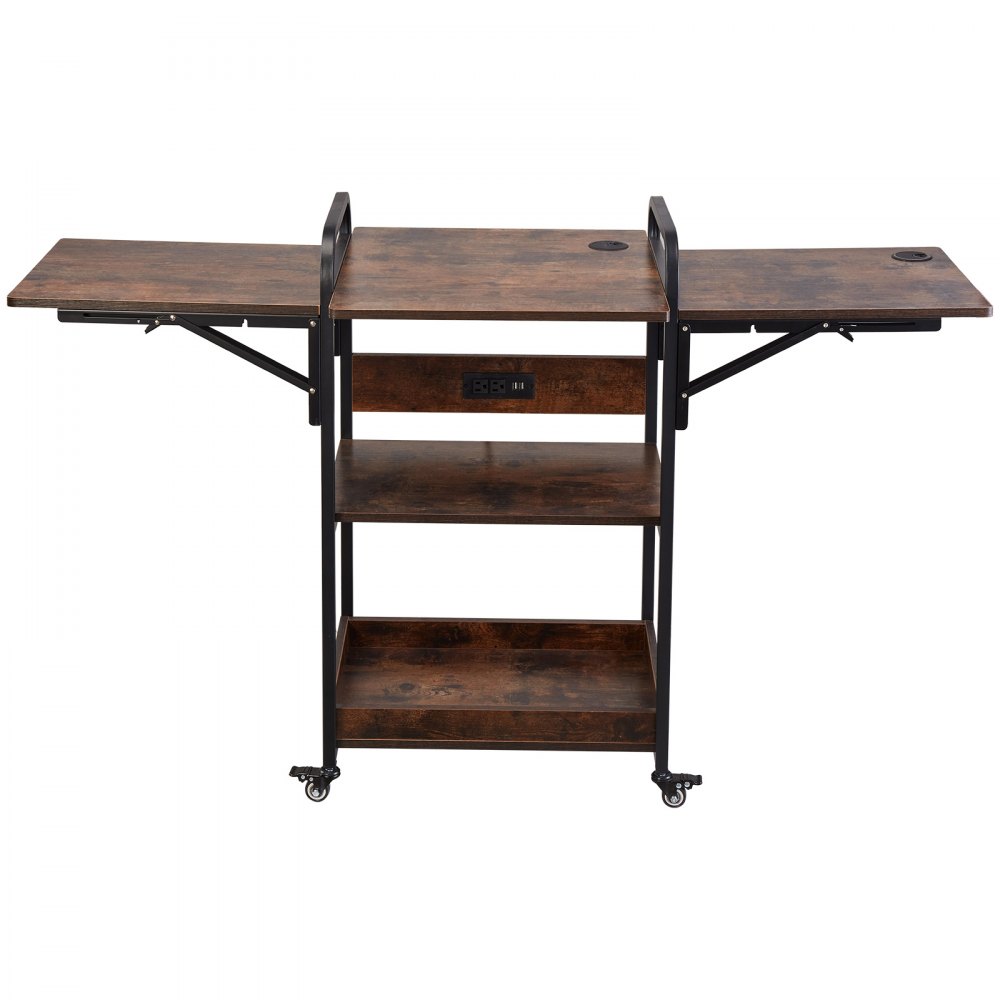 VEVOR Heat Press Table with Charging Station, 3 Tier Movable Heat Press Stand, Foldable Heat Transfer Machine Stand with Wheels, Rolling Metal Workbench for Sublimation Transfer Machine, Brown