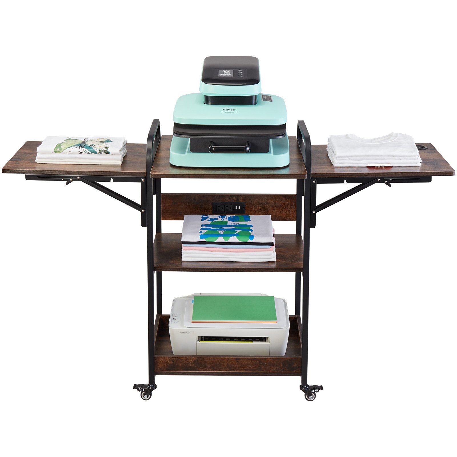 VEVOR Heat Press Table with Charging Station, 3 Tier Movable Heat Press Stand, Foldable Heat Transfer Machine Stand with Wheels, Rolling Metal Workbench for Sublimation Transfer Machine, Brown