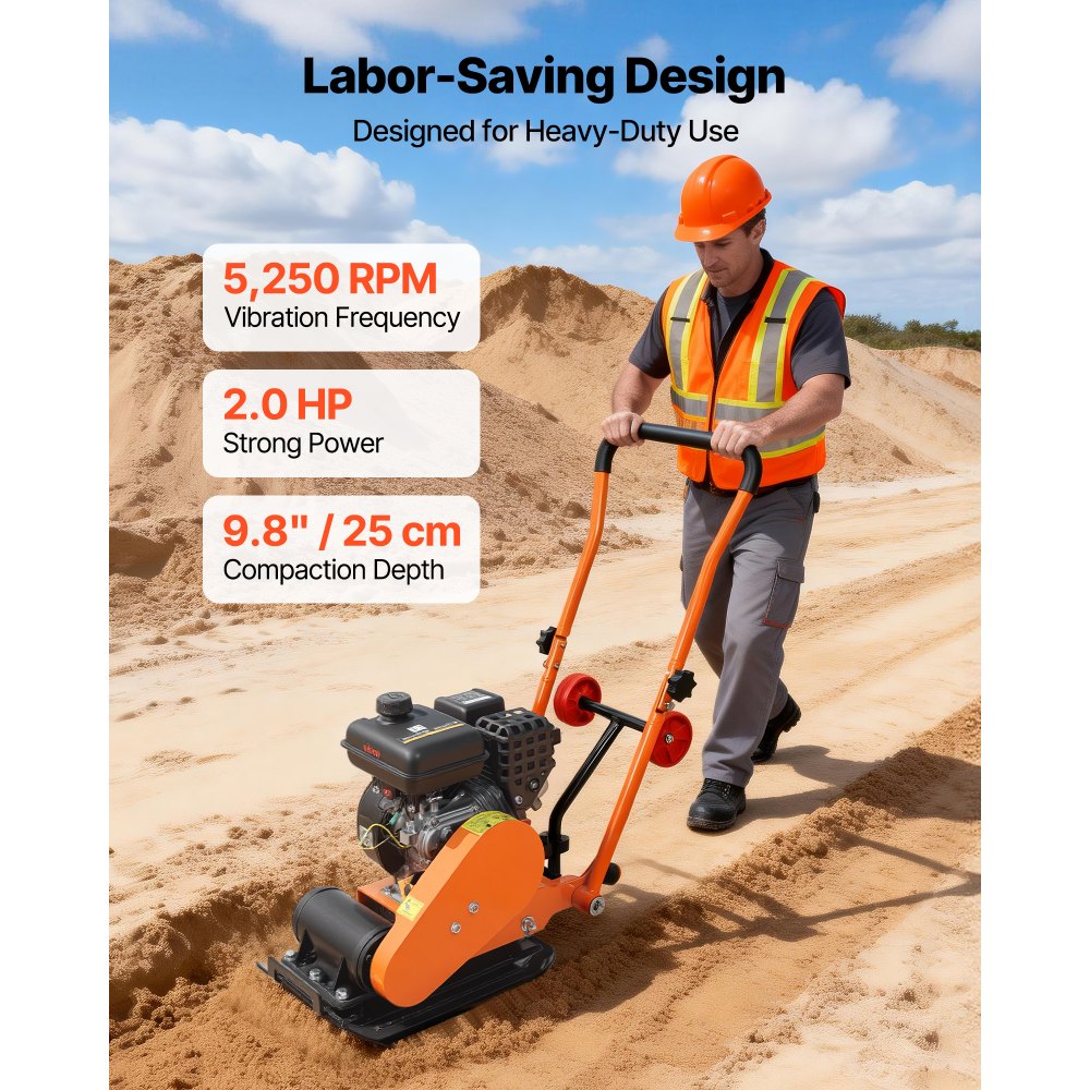 VEVOR benzine trilplaatverdichter, 2 pk (79 cc) motor, 5250 tpm, 8 kN verdichtingsdruk, 410x315 mm plaat, handbediende trilplaat voor bestrating, asfalt en funderingen