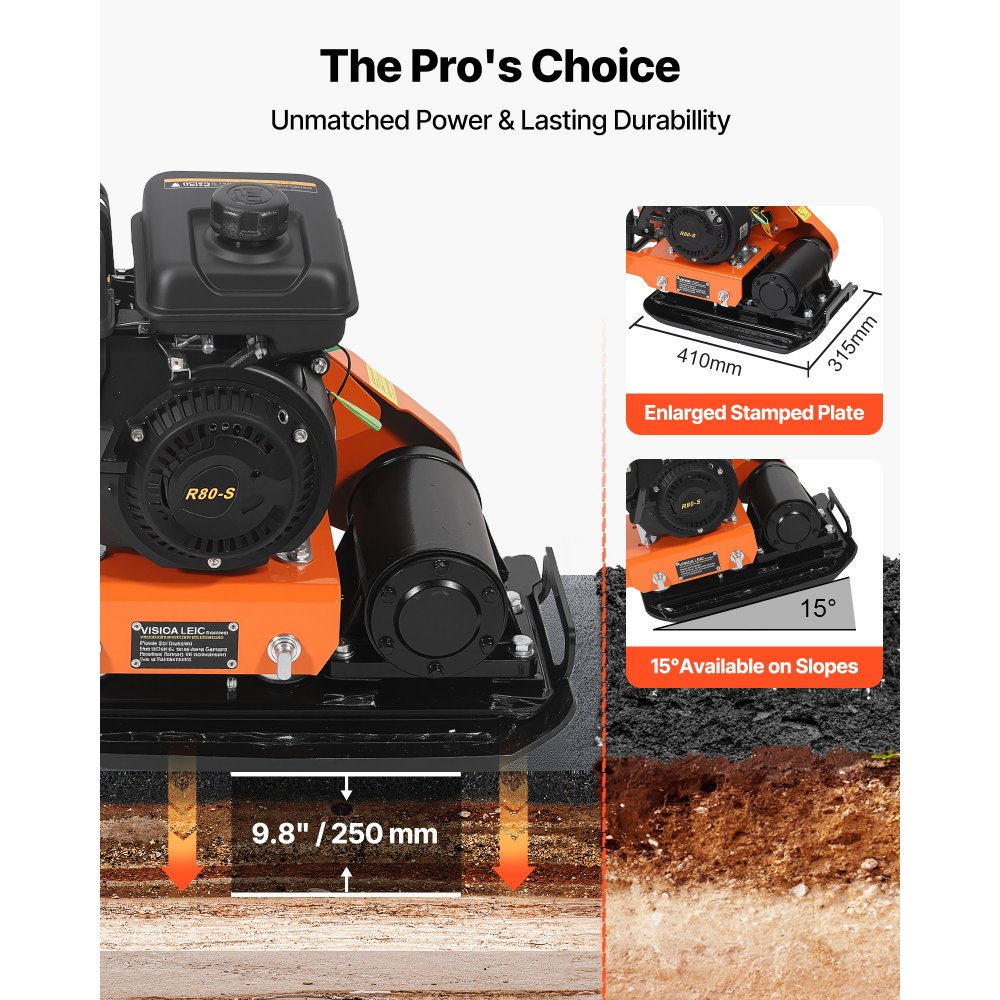 VEVOR benzine trilplaatverdichter, 2 pk (79 cc) motor, 5250 tpm, 8 kN verdichtingsdruk, 410x315 mm plaat, handbediende trilplaat voor bestrating, asfalt en funderingen