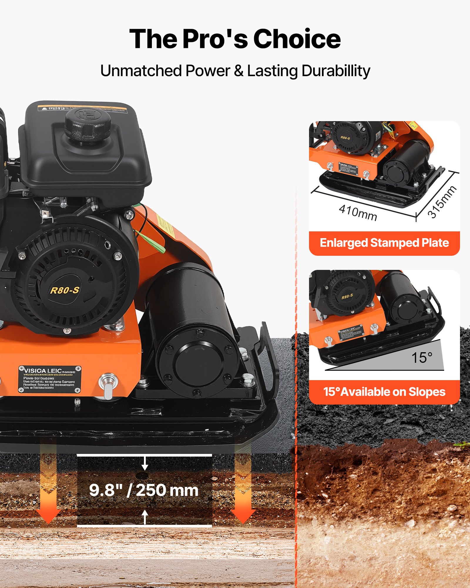 VEVOR benzine trilplaatverdichter, 2 pk (79 cc) motor, 5250 tpm, 8 kN verdichtingsdruk, 410x315 mm plaat, handbediende trilplaat voor bestrating, asfalt en funderingen