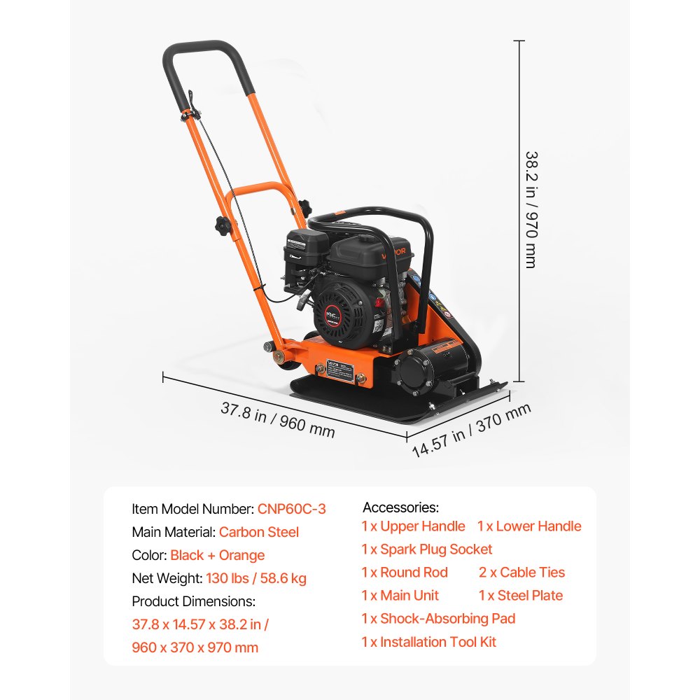 VEVOR benzine trilplaatverdichter, 6,5 pk (196 cc) motor, 5600 tpm trilstamper, 10,5 kN verdichtingsdruk, 510x370 mm plaat, handbediende trilplaat voor bestrating, asfalt en funderingen.