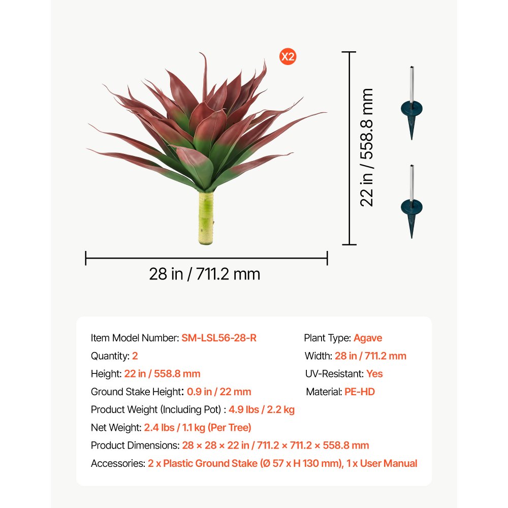 VEVOR 2 stuks kunstmatige agave 711x559mm kunstplant met grondpinnen rood, kunstmatige vetplant voor decoratie in huis, kantoor, tuin en veranda, gemaakt van HDPE, UV-beschermend, gemakkelijk te onderhouden, met 28 bladeren