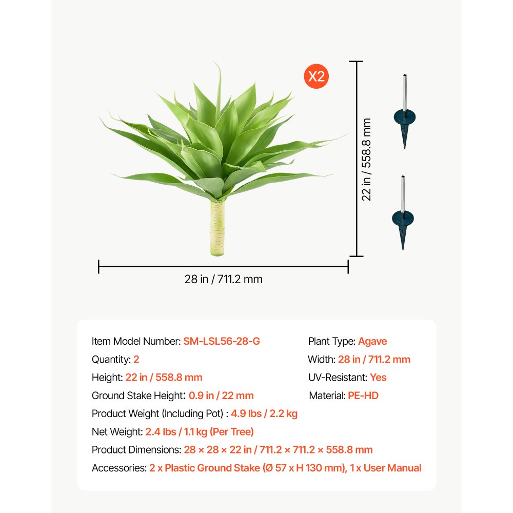 VEVOR Artificial Agave, 28W x 22H 2PCS Fake Agave Plants with Ground Stakes, Sun-Resistant for Home, Garden, Office, Store, Living Room, Porch, Indoor Outdoor Decor, Realistic Texture Faux Plant, Green
