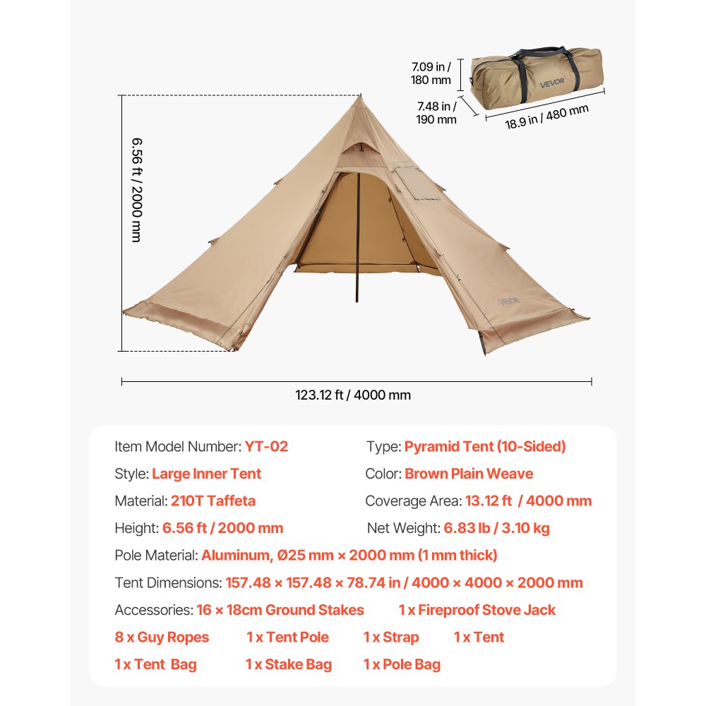 VEVOR Hot Tent for 4 Persons, Portable Winter Tipi Tent with Stove Jack, Waterproof Canvas Camping Tents,  Lightweight 4 Season Shelter Tents for Hiking Fishing Backpacking, M Size