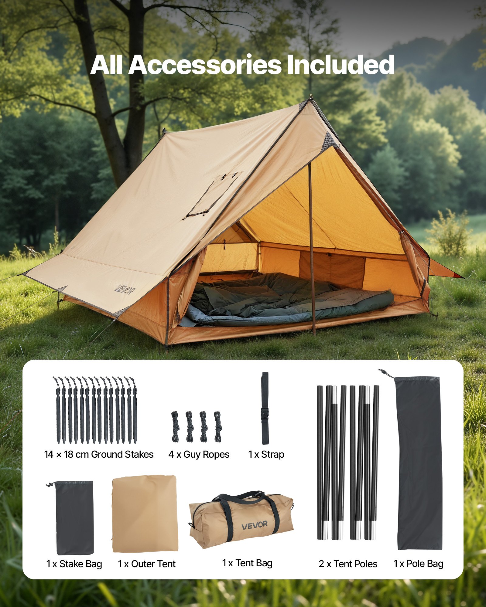 VEVOR Camping Hot Tent, 2 Persons Cabin Tent with Stove Jack & Poles, Waterproof Winter Tents Shelters with Fireproof Ground Mat, Portable 4 Season Tents for Hiking Fishing Hunting Backpacking