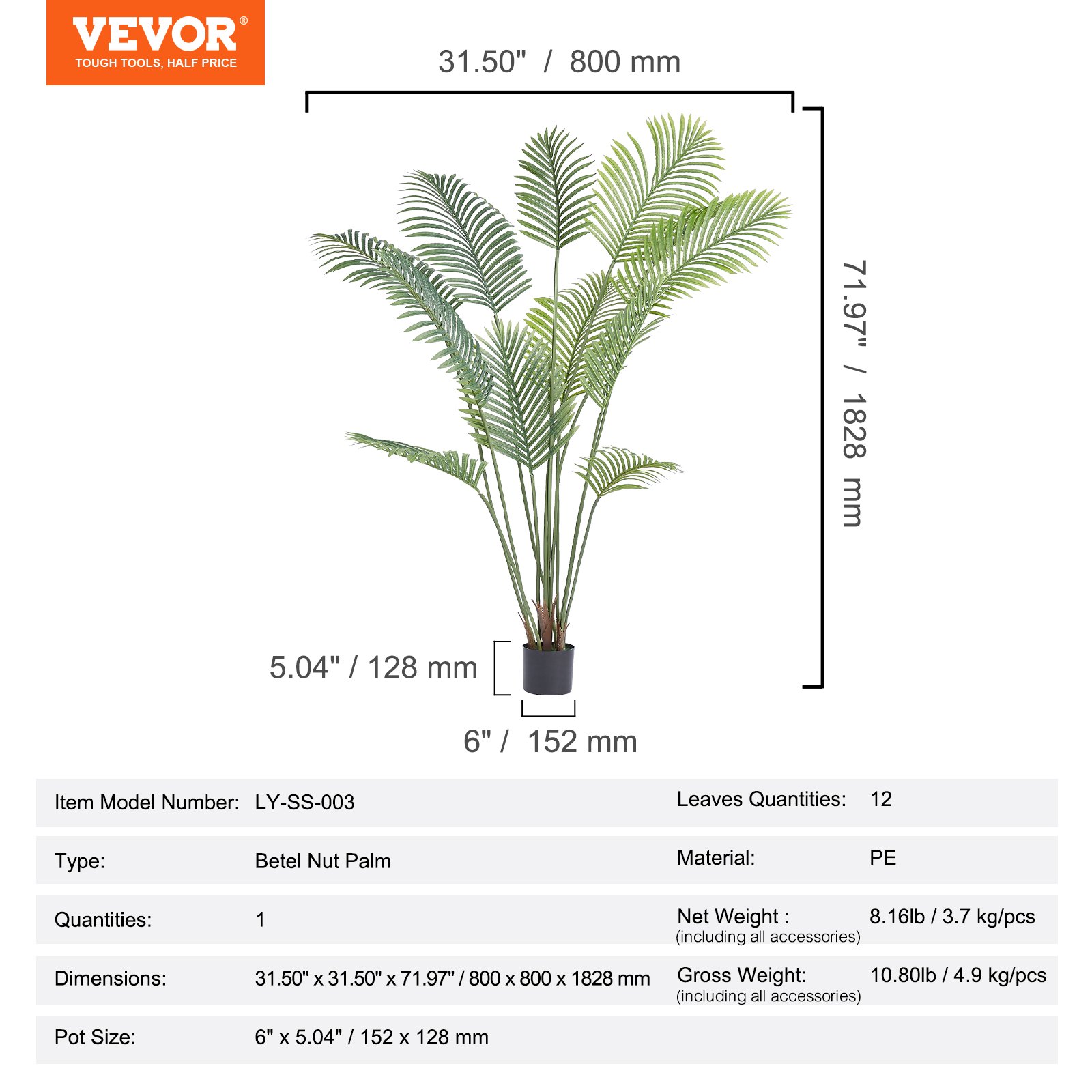 VEVOR Artificial Palm Tree, 1.8mTall Faux Plant, Secure PE Material & Anti-Tip Tilt Protection Low-Maintenance Plant, Lifelike Green Fake Tree for Home Office Warehouse Decor Indoor Outdoor