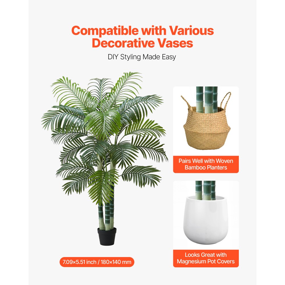 VEVOR Kunst Areca Palmboom, 1,8 m Kunstmatige Tropische Palmplanten met Witte Hoge Plantenbak, Kunstzijden Plant in Pot, Nepboom voor Veranda's, Woonkamers, Patio's, Huis, Kantoor