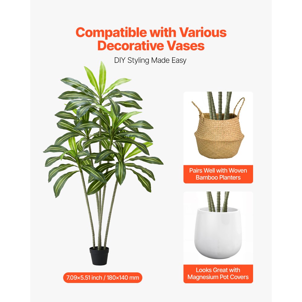 VEVOR Kunstmatige Dracaena, 1,8 m hoge drakenboom, tropische planten met witte hoge plantenbak, kunstzijden plant in pot, grote bomen voor veranda's, woonkamers, patio's, huizen en kantoren
