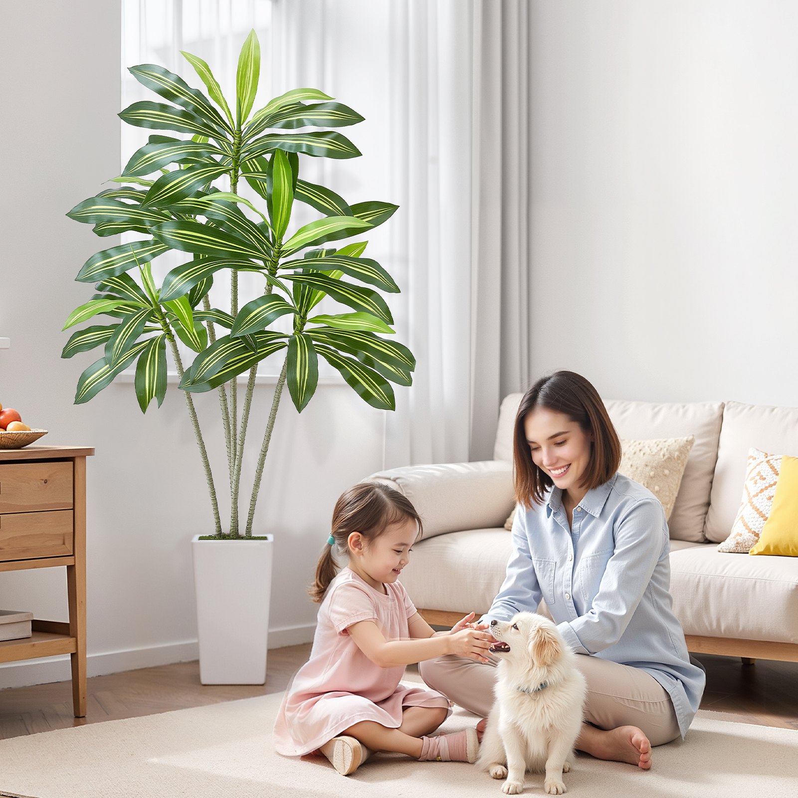 VEVOR Artificial Dracaena Tree 1829 mm, Fake Palm Tropical Plants with White Tall Planter, Faux Floor Silk Plant in Pot, Large Trees for Home Office Living Room Decor House Warming, Indoor Outdoor