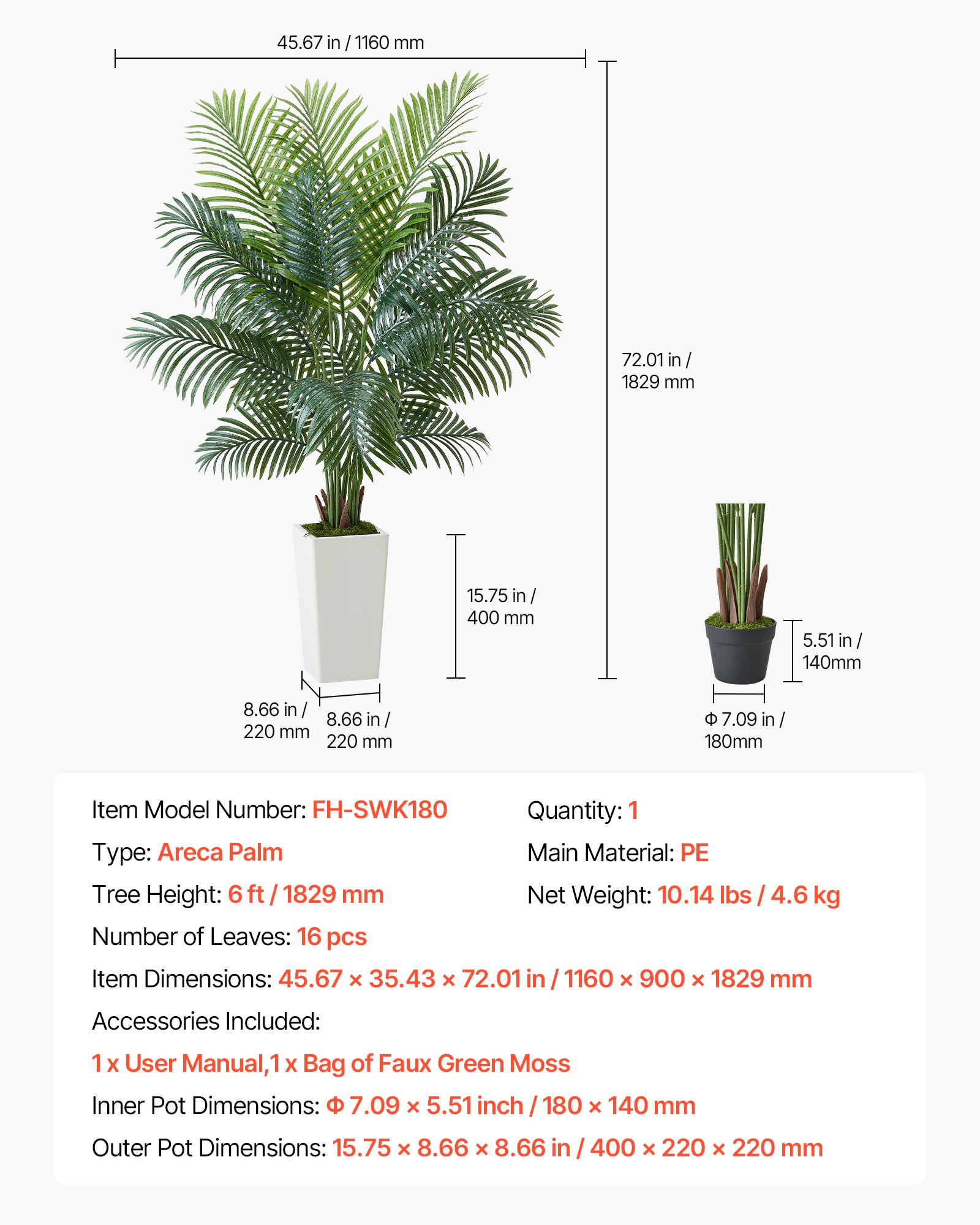 VEVOR Kunstmatige Areca Palmboom, 1,80 m kunstmatige tropische palmplanten met witte plantenbak, kunstzijden plant in pot, nepboom voor veranda's, woonkamers, patio's, huizen en kantoren
