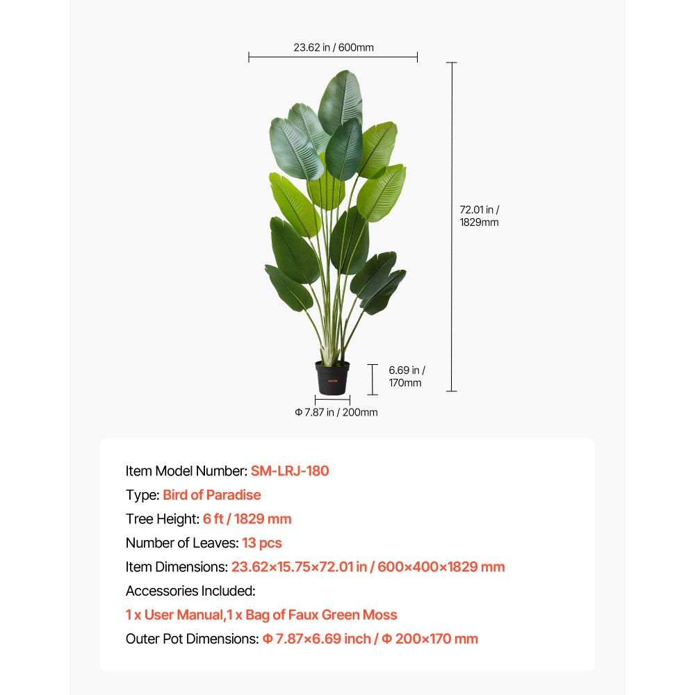 VEVOR Artificial Bird of Paradise 1829 mm Tall, Fake Tropical Plants with with 13 Trunks & White Pot, Faux Floor Silk Tree, Large Trees for Home Office Living Room Decor House Warming, Indoor Outdoor