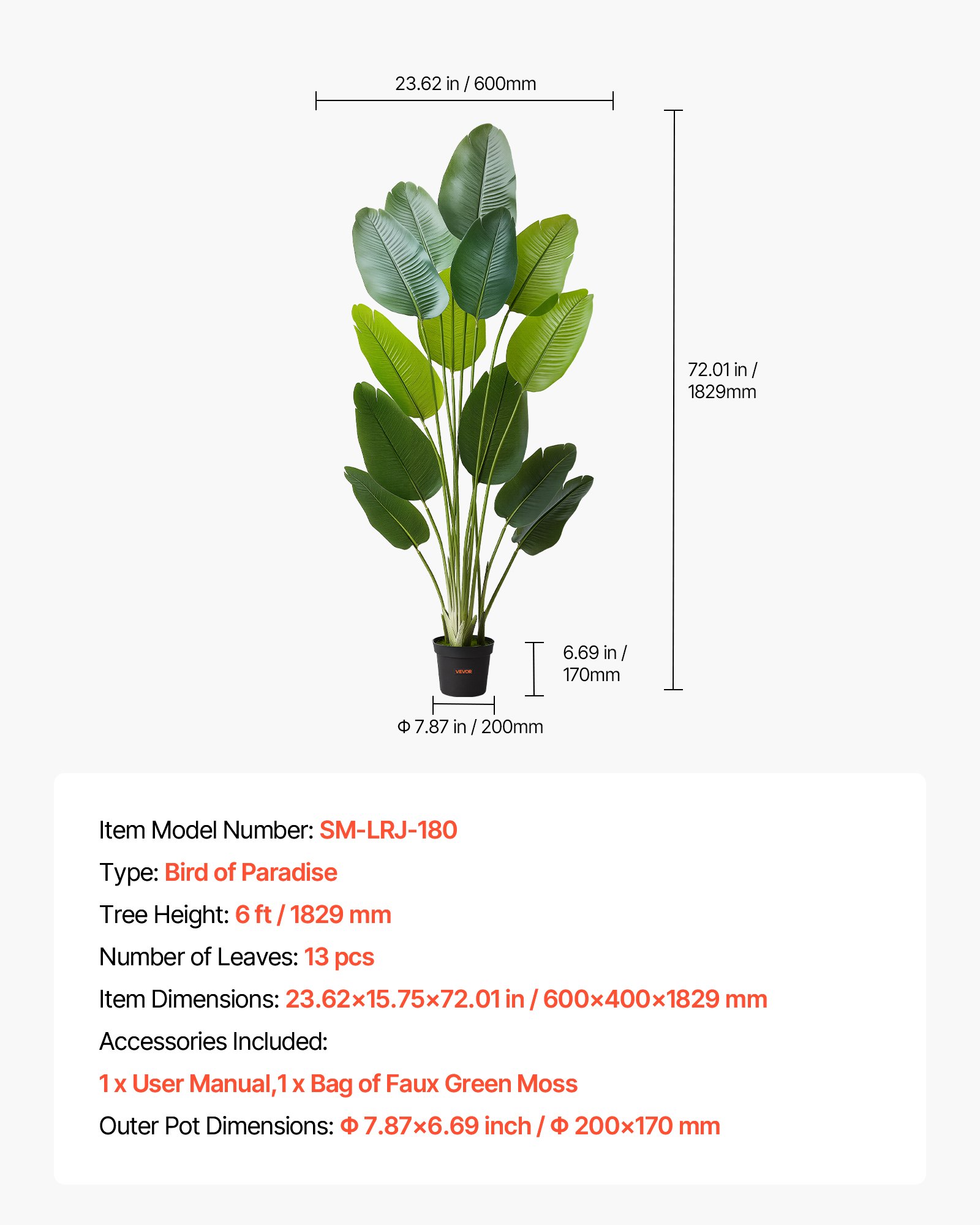 VEVOR Kunstmatige Paradijsvogel, 1,8 m hoog, Tropische planten met 13 stengels en witte pot, Kunstzijden boom, Grote bomen ter decoratie van veranda's, woonkamers, patio's, huizen en kantoren