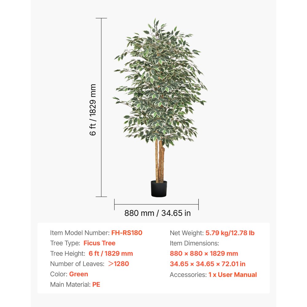 VEVOR 180cm Artificial Ficus Tree with Black Pot, Tall Faux Ficus Plant with Natural Wood Trunk and Realistic Green Leaves, Indoor Fake Silk Tree for Home, Office, Living Room, or Corner Décor