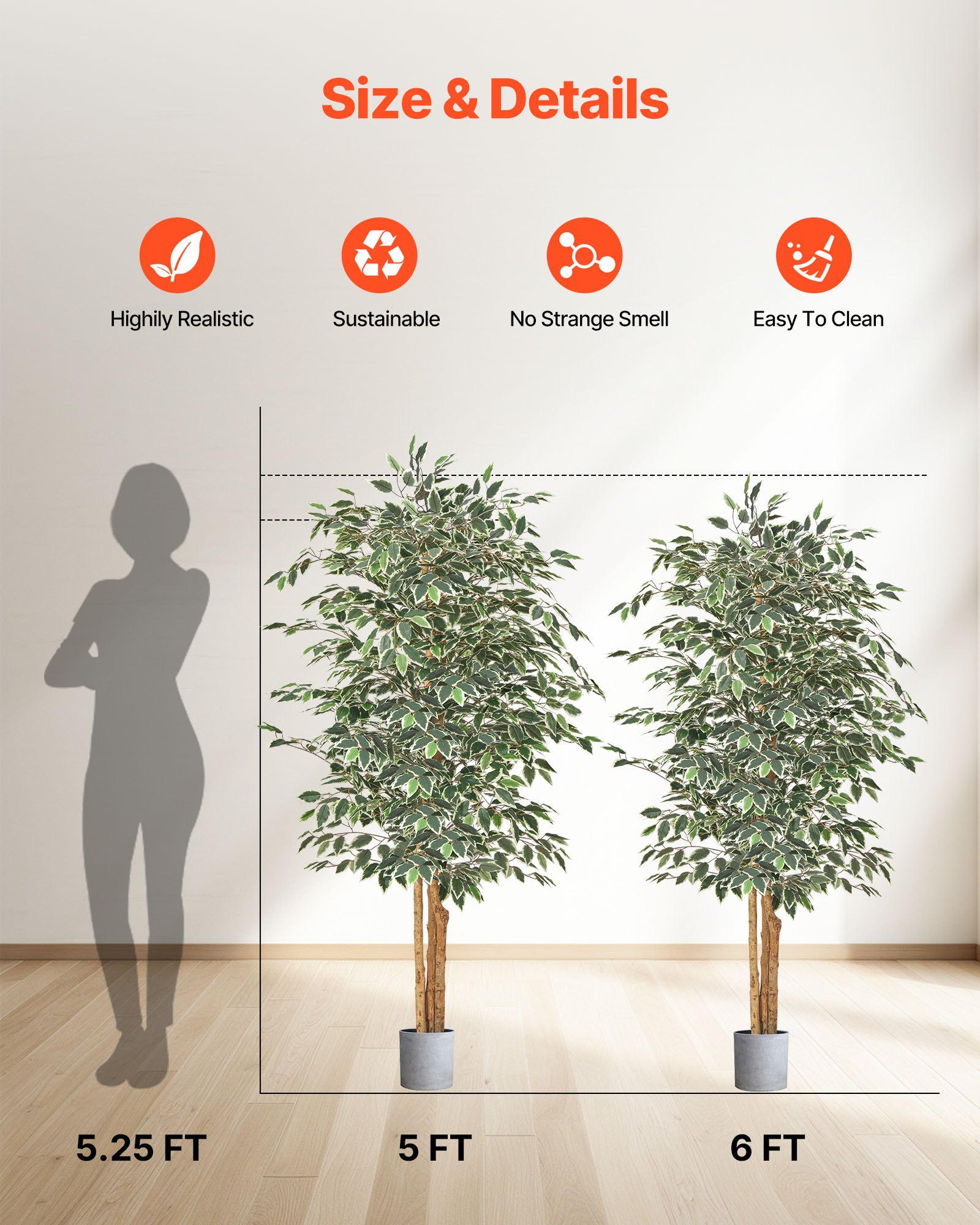 VEVOR 180cm Artificial Ficus Tree with Black Pot, Tall Faux Ficus Plant with Natural Wood Trunk and Realistic Green Leaves, Indoor Fake Silk Tree for Home, Office, Living Room, or Corner Décor