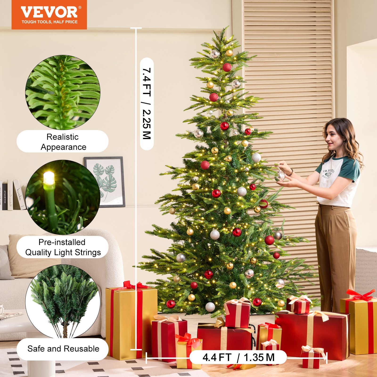 VEVOR Christmas Tree, 7.5ft Prelit Artificial Xmas Tree, Full Holiday Decor Tree with 700 Warm White LED Lights, 1319 Branch Tips, Metal Base for Home Party Office Decoration