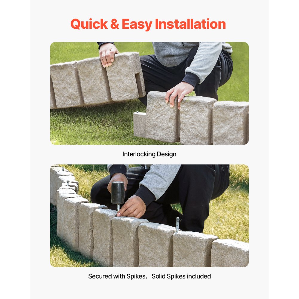 VEVOR Faux Stone Landscape Edging, 47.2 x 9 in Realistic Lawn Edging, Flexible Brick-Sized Garden Edging Border with Anchoring Spikes, Fade-Resistant Yard Edging for Driveways Walkway Beige