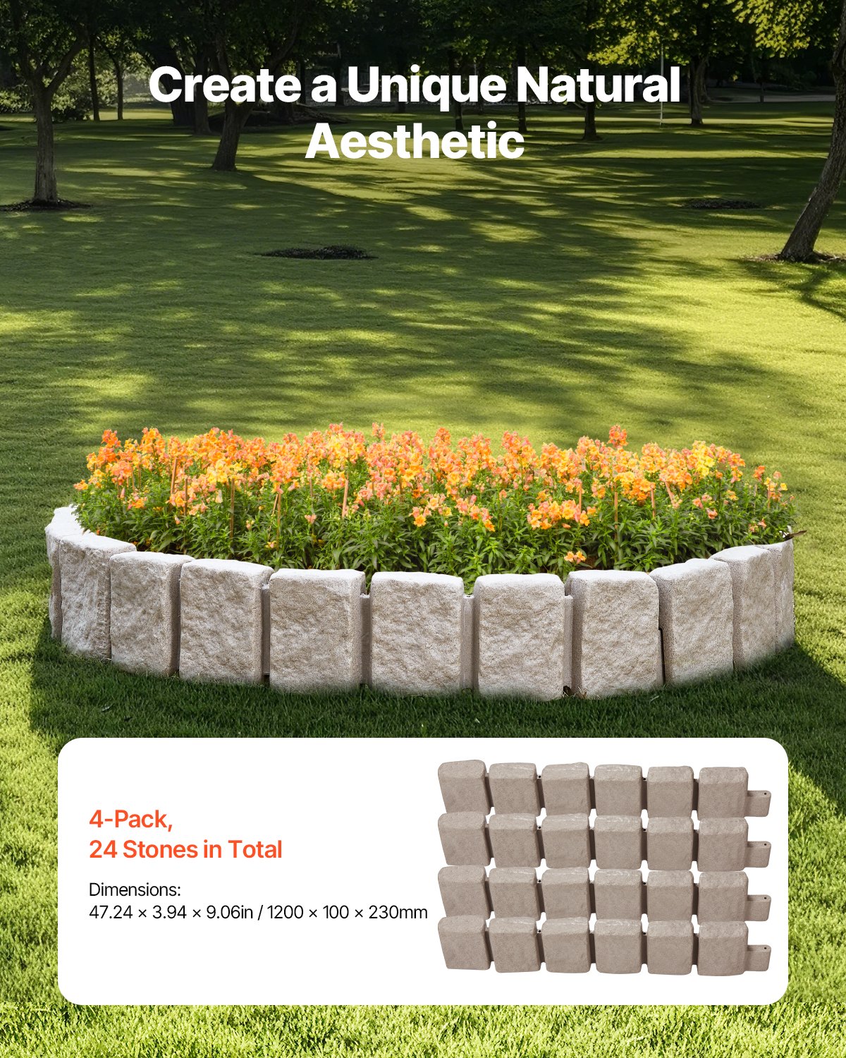 VEVOR Faux Stone Landscape Edging, 47.2 x 9 in Realistic Lawn Edging, Flexible Brick-Sized Garden Edging Border with Anchoring Spikes, Fade-Resistant Yard Edging for Driveways Walkway Beige