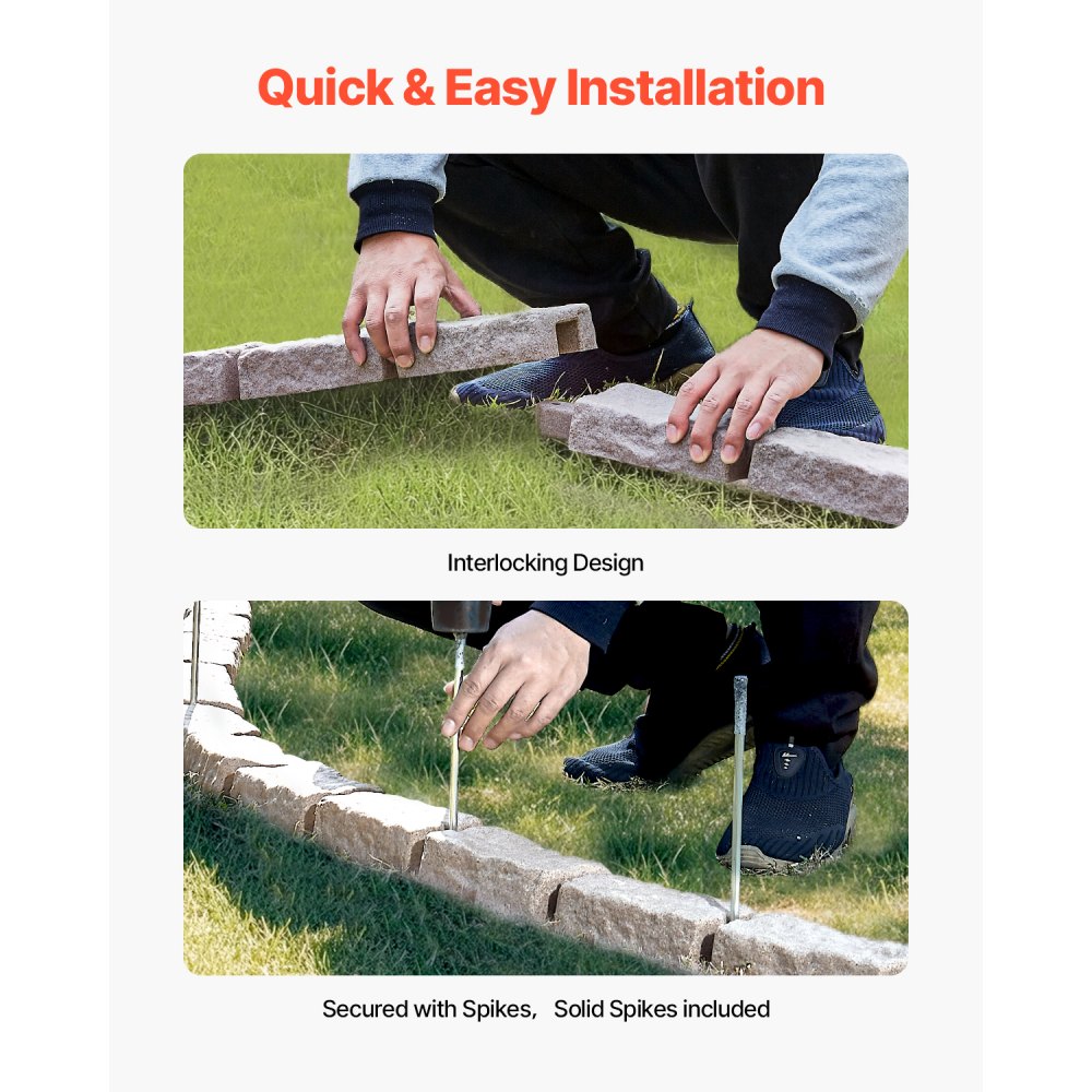 VEVOR Faux Stone Landscape Edging, 46.4 x 2.2 in Realistic Lawn Edging, Flexible Brick-Sized Garden Edging Border with Anchoring Spikes, Fade-Resistant Yard Edging for Driveways Walkway Beige