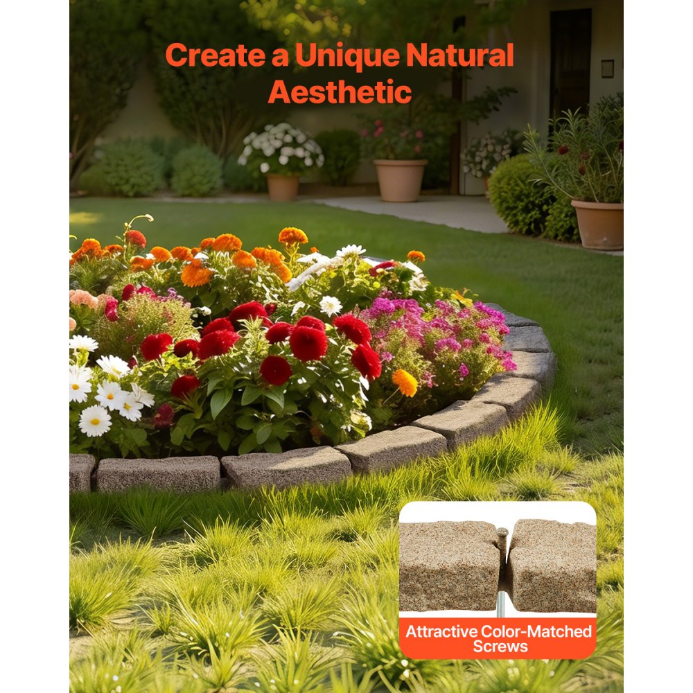 VEVOR Faux Stone Landscape Edging, 46.4 x 2.2 in Realistic Lawn Edging, Flexible Brick-Sized Garden Edging Border with Anchoring Spikes, Fade-Resistant Yard Edging for Driveways Walkway Beige