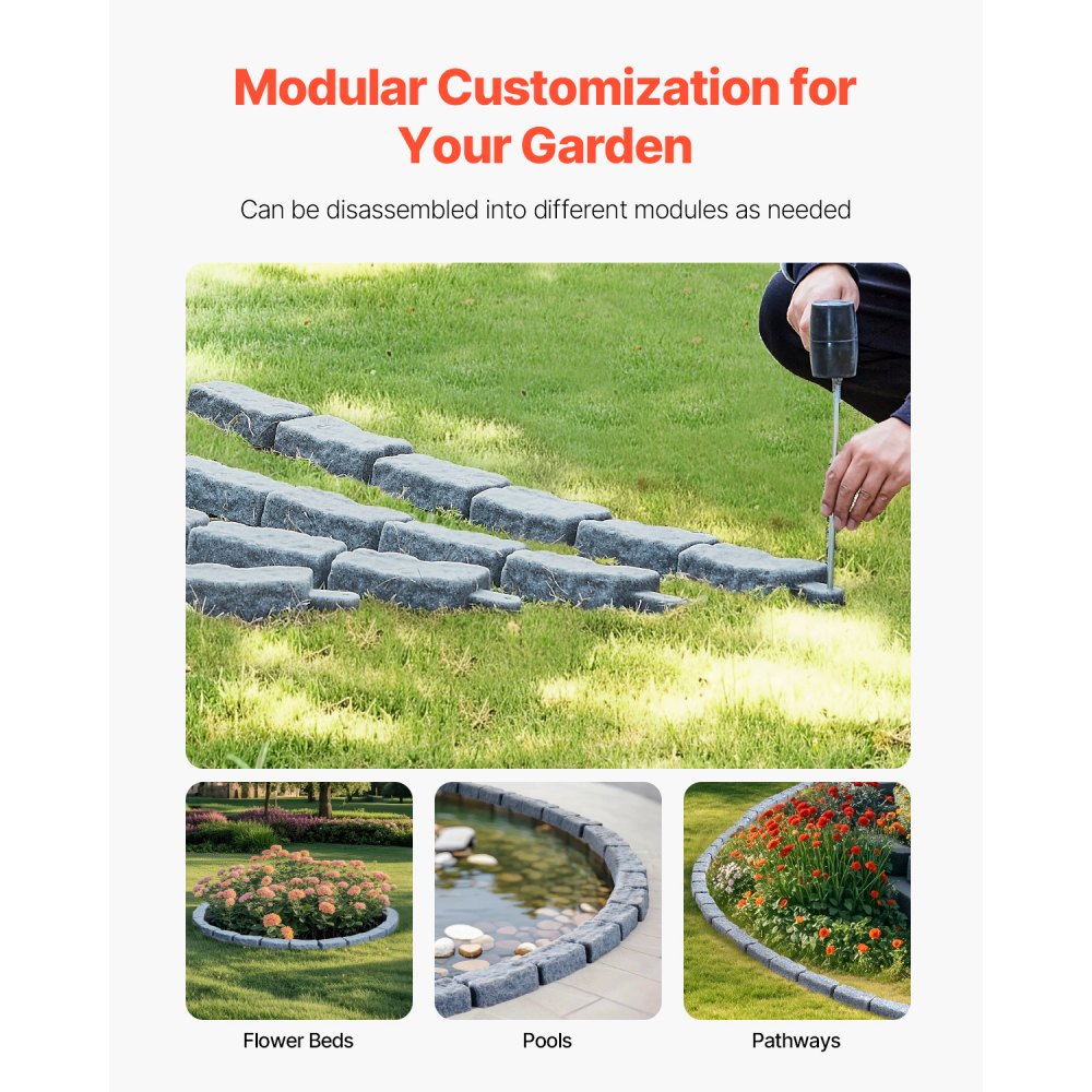 VEVOR Faux Stone Landscape Edging, 46.4 x 2.2 in Realistic Lawn Edging, Flexible Brick-Sized Garden Edging Border with Anchoring Spikes, Fade-Resistant Yard Edging for Driveways Walkway Grey