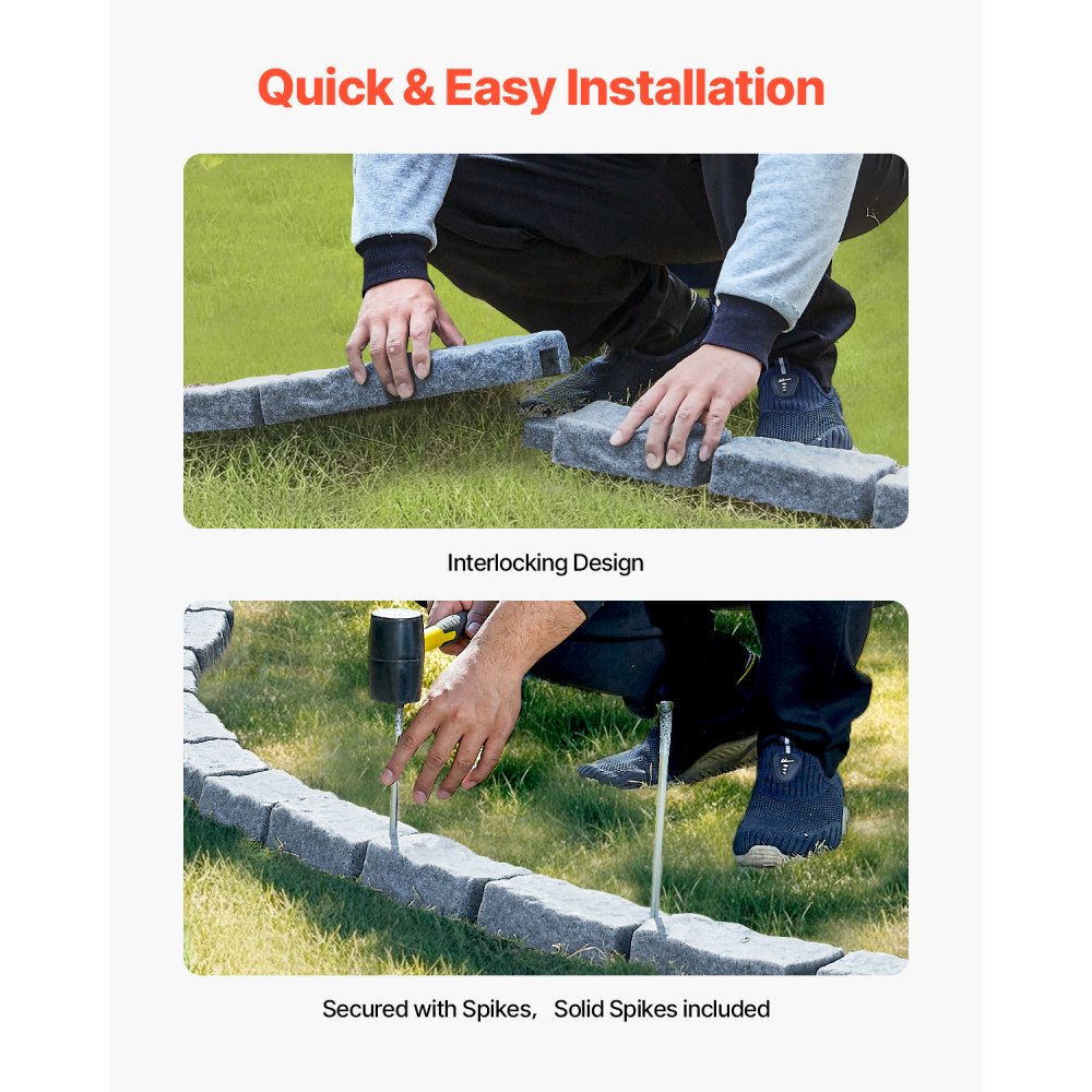 VEVOR Faux Stone Landscape Edging, 46.4 x 2.2 in Realistic Lawn Edging, Flexible Brick-Sized Garden Edging Border with Anchoring Spikes, Fade-Resistant Yard Edging for Driveways Walkway Grey