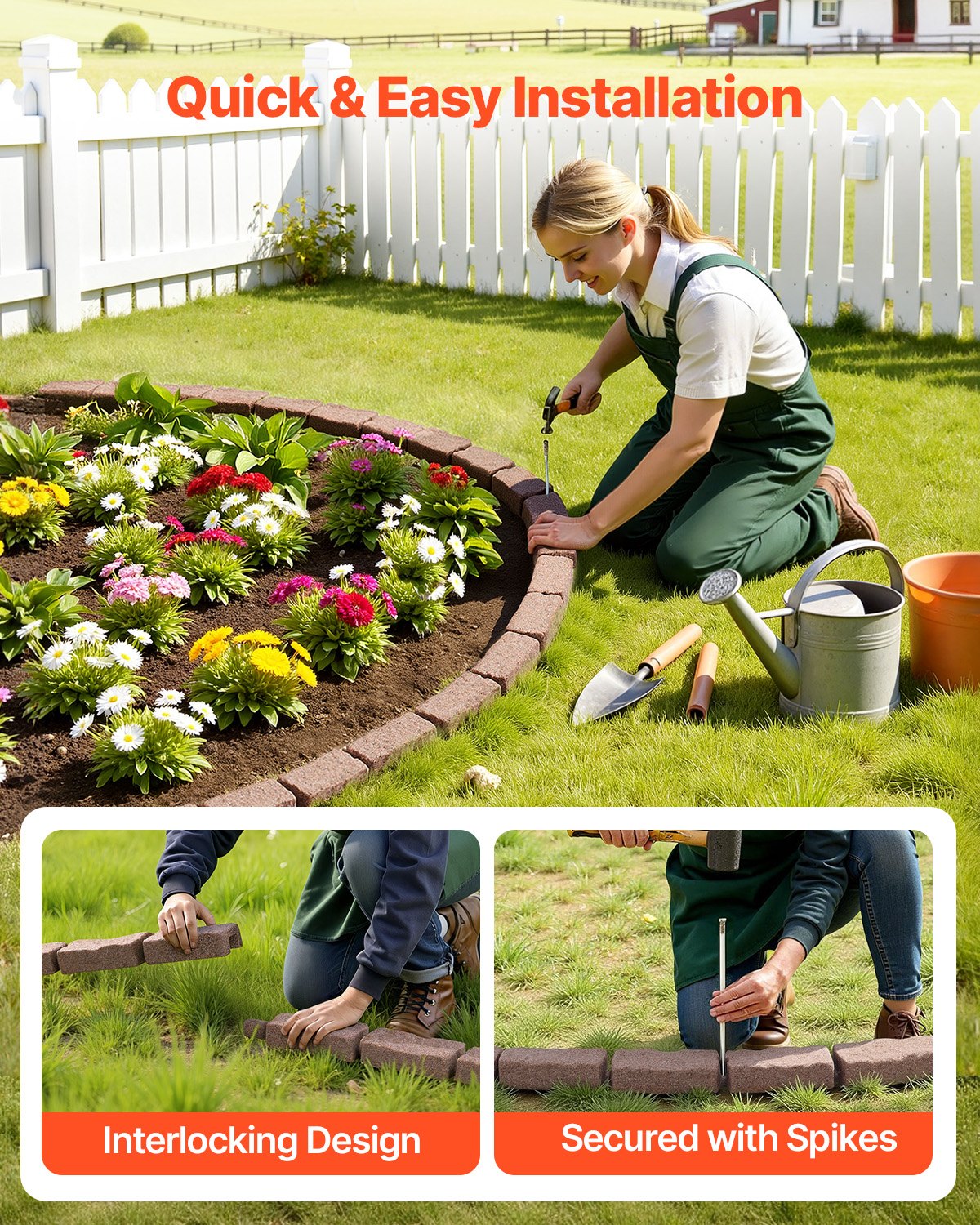 VEVOR Faux Stone Landscape Edging, 46.4 x 2.2 in Realistic Lawn Edging, Flexible Brick-Sized Garden Edging Border with Anchoring Spikes, Fade-Resistant Yard Edging for Driveways Walkway Brown