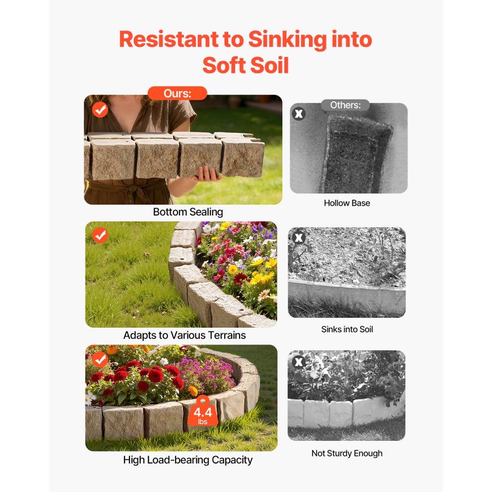 VEVOR Faux Stone Landscape Edging 46.8 x 3.9 in Realistic Lawn Edging, Flexible Brick-Sized Garden Edging Border with Anchoring Spikes, Fade-Resistant Yard Edging for Driveways Walkway Beige