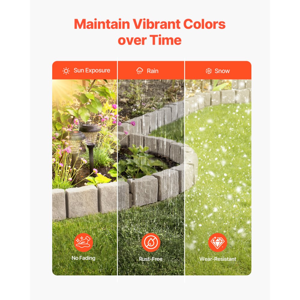 VEVOR Steeneffect Gazonrandset van 4, 1190 x 100 x 155 mm, Realistische Bloemperkrand, Flexibele Tuinrand in Baksteenformaat met Verankeringspennen, Bloemperkrand voor Opritten, Trottoirs, Bruin