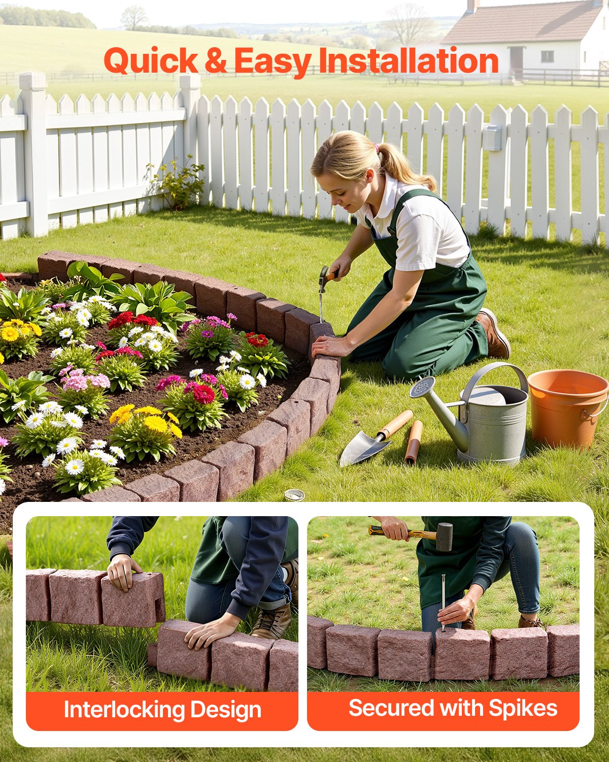 VEVOR Gazonrand in steenlook, set van 4, 1190x100x155 mm, realistische border, flexibele tuinrand in baksteenformaat met verankeringspinnen, border voor opritten en looppaden, bruin