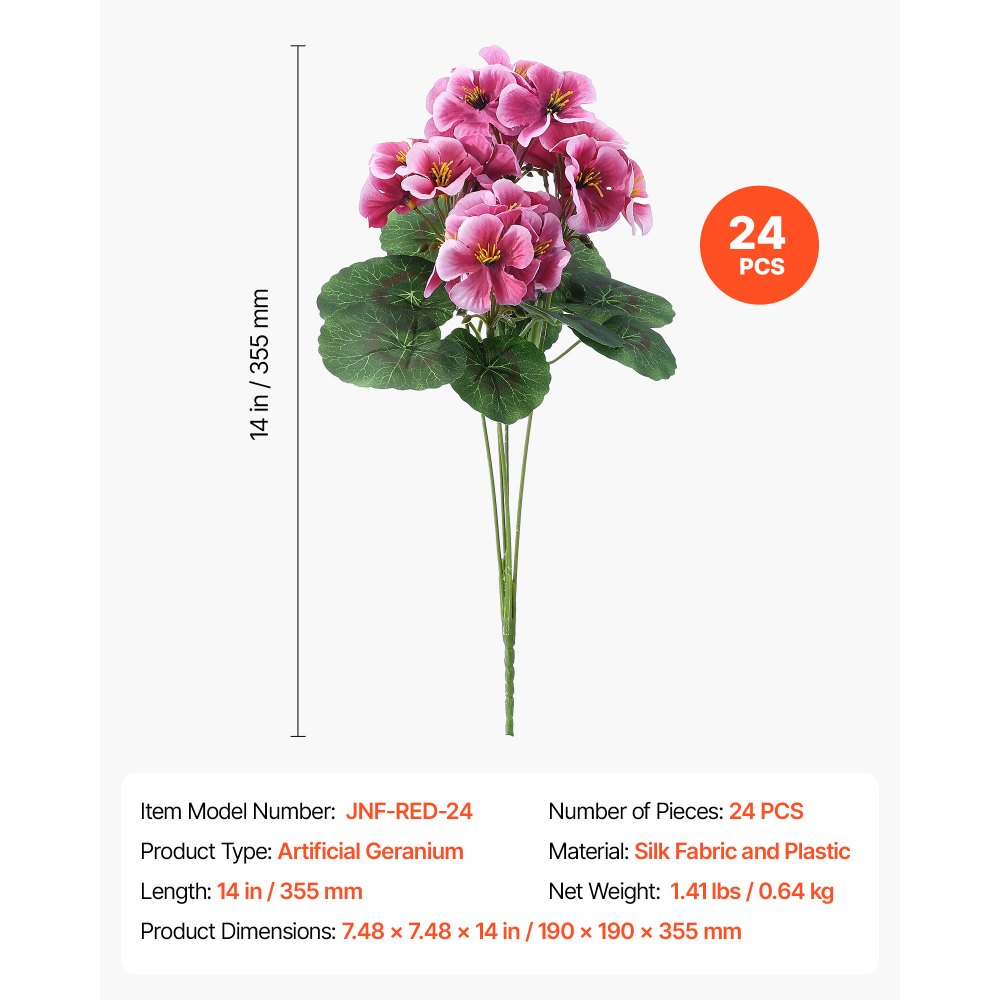 VEVOR Kunstbloemen Nepgeraniums met Stelen 24 Bossen Perzikroze, Kunstbloemenboeket als Decoratie voor Thuis, Kantoor, Bruiloft & Café, Gemaakt van Zijde en Plastic, Onderhoudsvrije Kunstplant