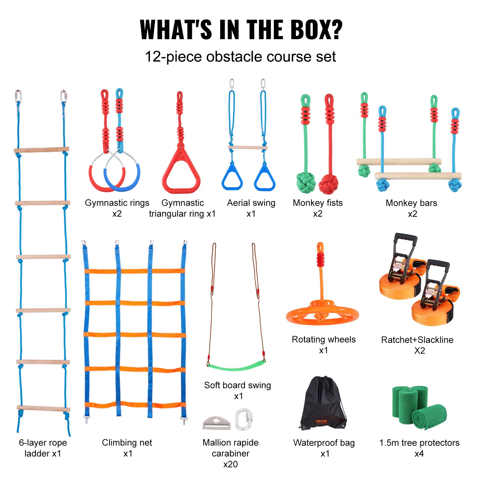 VEVOR Ninja Slackline Obstacles Set 2 x 15,24 m Slacklines, 226,8 kg laadvermogen Ninja Obstacle Course, Buitenspeeltoestel, Speeltoestel voor in de tuin, Set met 12 Obstacles