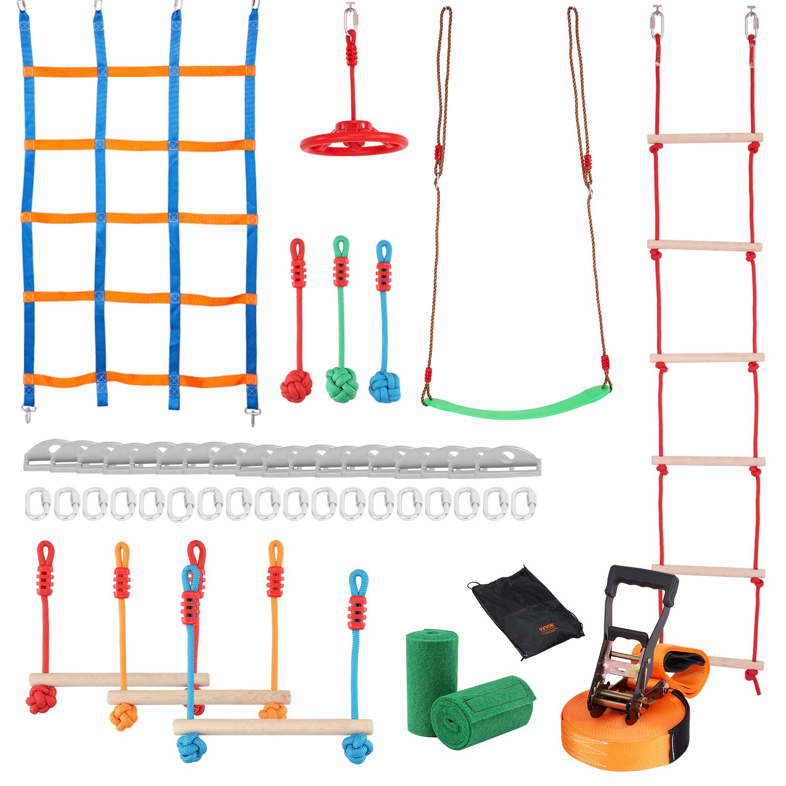VEVOR Ninja Slackline Obstacles Set 15,24 m Slacklines, 226,8 kg laadvermogen Ninja Obstacle Course, Buitenspeeltoestel, Speeltoestel voor in de tuin, Set met 10 Obstacles