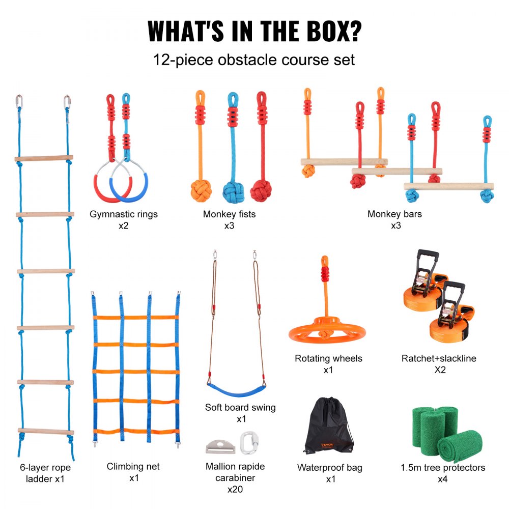 VEVOR Ninja Slackline Obstacles Set 2 x 17 m Slacklines, 226,8 kg laadvermogen Ninja Obstacle Course, Buitenspeeltoestel, Speeltoestel voor in de tuin, Set met 12 Obstacles